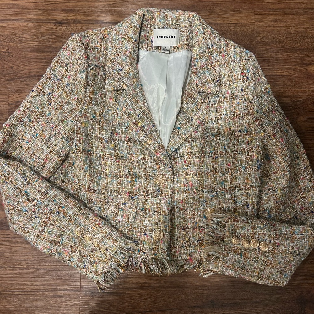 Industry Tweed Fringe Hem Cropped Jacket. 6